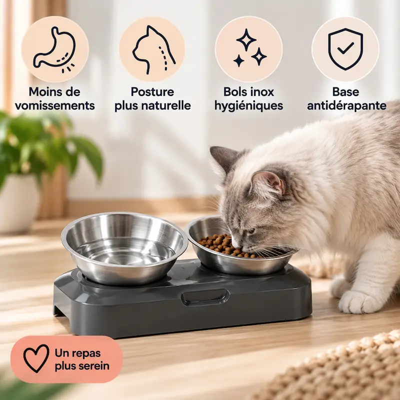 Gamelle chat surélevée inox - Posture idéale | SteelLift