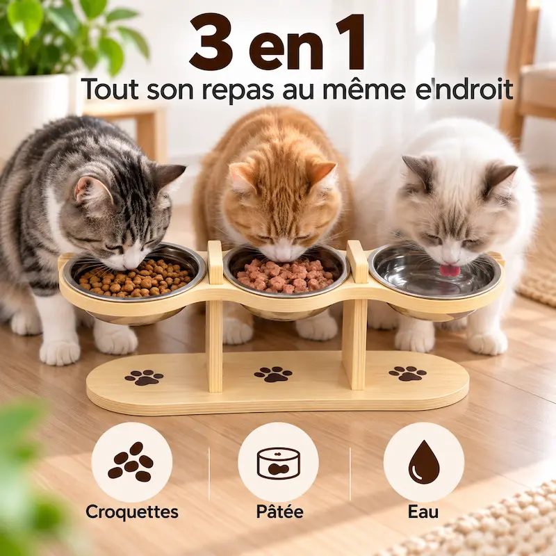 Gamelle triple pour chat - Repas zen et digestion facile
