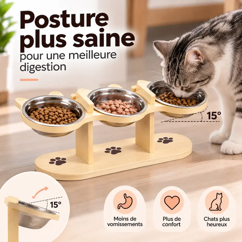 Gamelle triple pour chat - Repas zen et digestion facile
