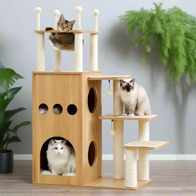 Arbre à chat - Design bois avec griffoir et maison - SkyCity