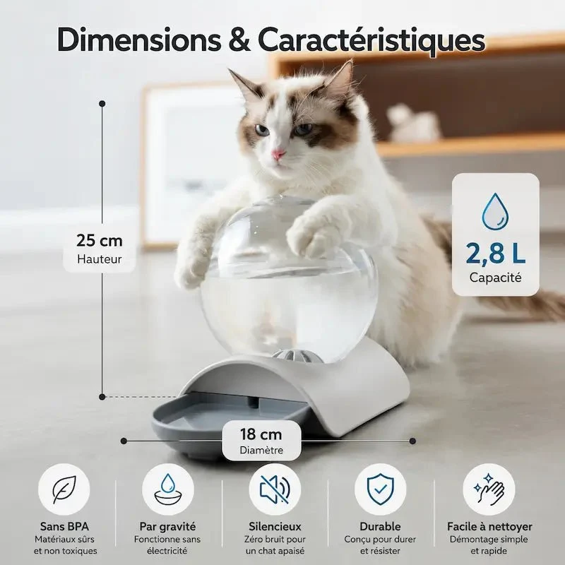 Distributeur eau chat 2,8L - Zéro filtre, zéro contrainte | PureMiaou