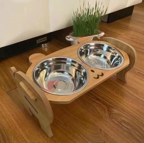 Gamelle chat – Bol inox support bois surélevé - CatWood