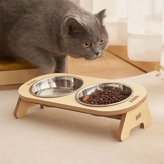 Gamelle chat – Bol inox support bois surélevé - CatWood