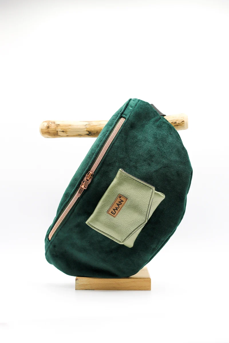 Ensemble Banane velours vert - pochette friandise chien Belharra