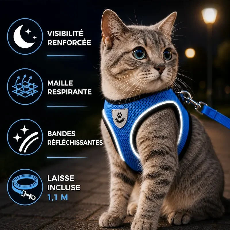 Harnais réfléchissant chat - Visibilité nuit | GlowWalk