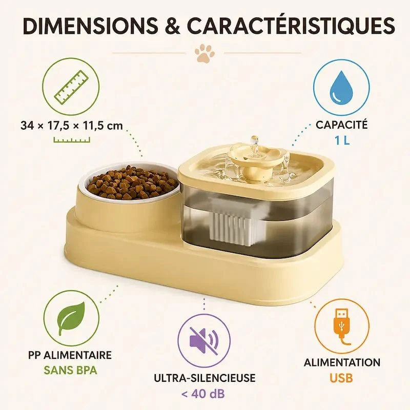 Fontaine eau & croquettes chat - 2-en-1 pratique | DuoFlow