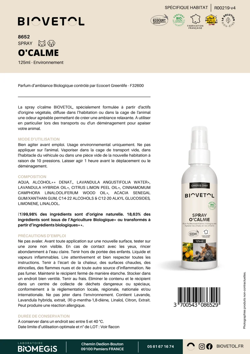 Spray d'ambiance apaisant chiens-chats O'calm Biovetol
