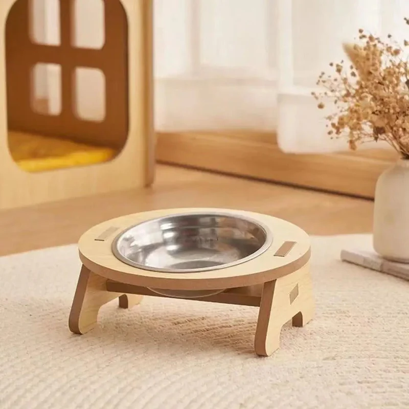 Gamelle chat surélevée - En acier inoxydable et support effet bois