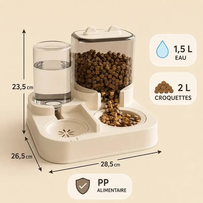 Distributeur croquettes & eau chat – 2-en-1 | DuoMealy
