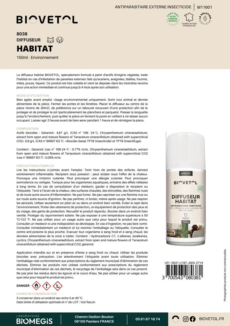 Fogger habitat AntiParasitaires 150ml - BIOVETOL