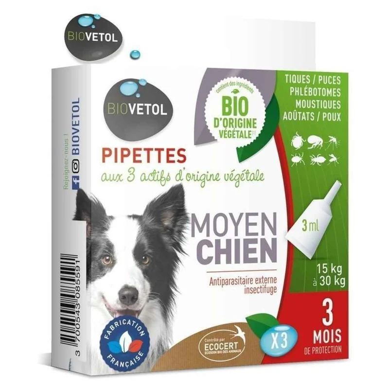 Lot de 3 pipettes Antiparasitaires chiens et chats - BIOVETOL
