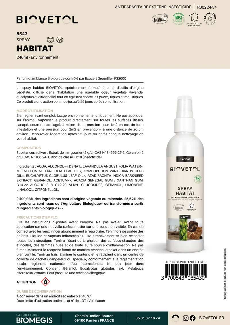 Lotion Spray Habitat Antiparasitaire naturel - BIOVETOL