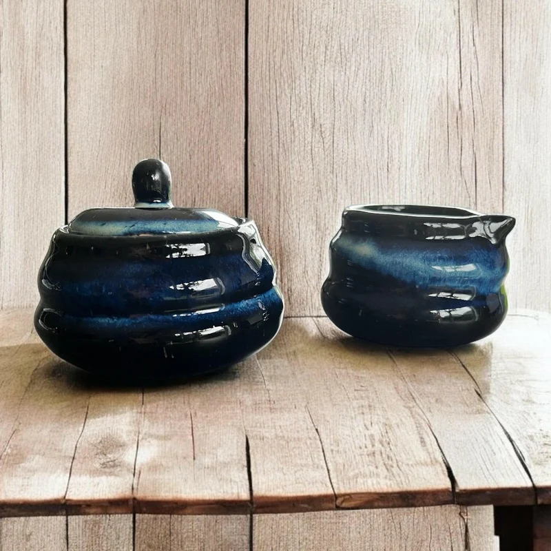 Handcrafted Ceramic Sugar Pot and Creamer Set in Midnight Blue