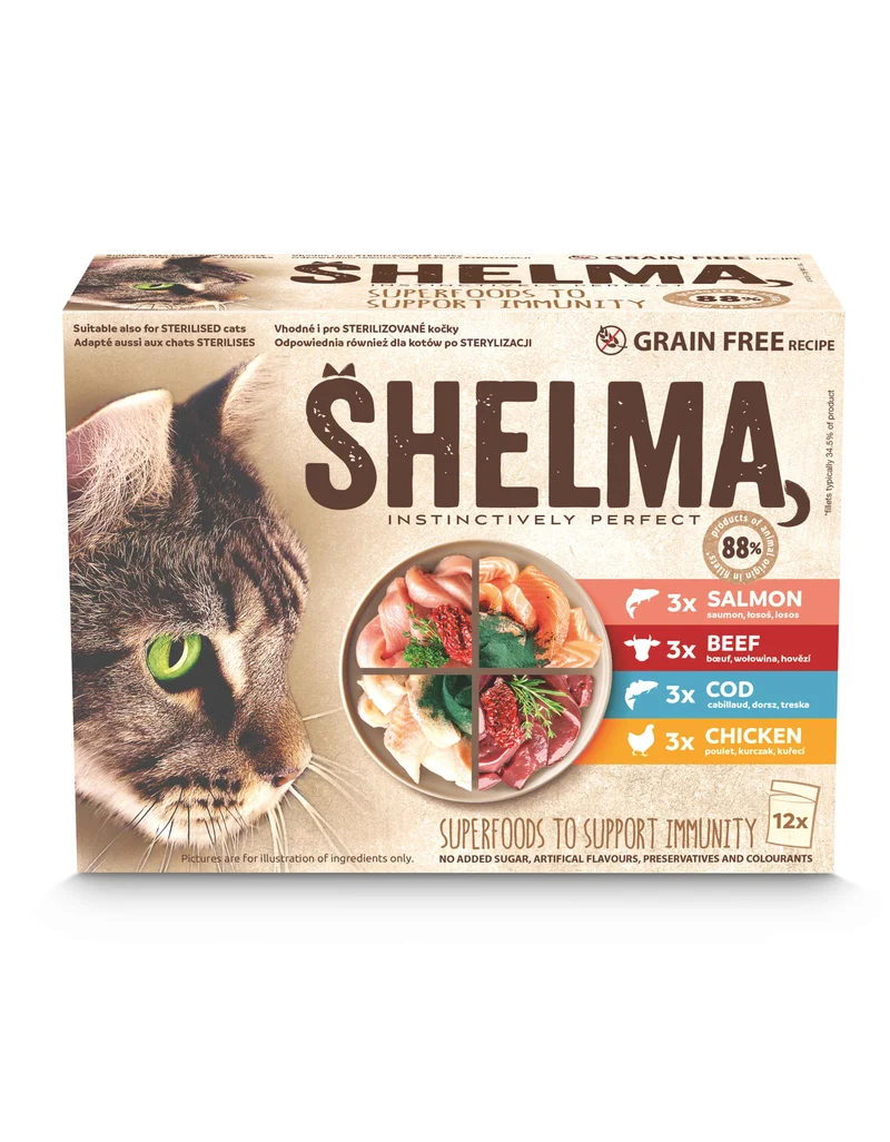 Sachets Effilochés en Sauce Shelma pour Chat - Saveurs Saumon, Bœuf, Poulet et Cabillaud