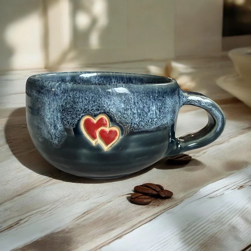 Blue Glazed Stoneware Mug with Hearts