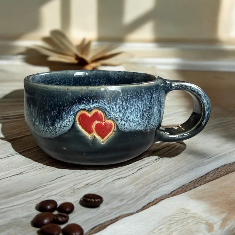 Blue Glazed Stoneware Mug with Hearts