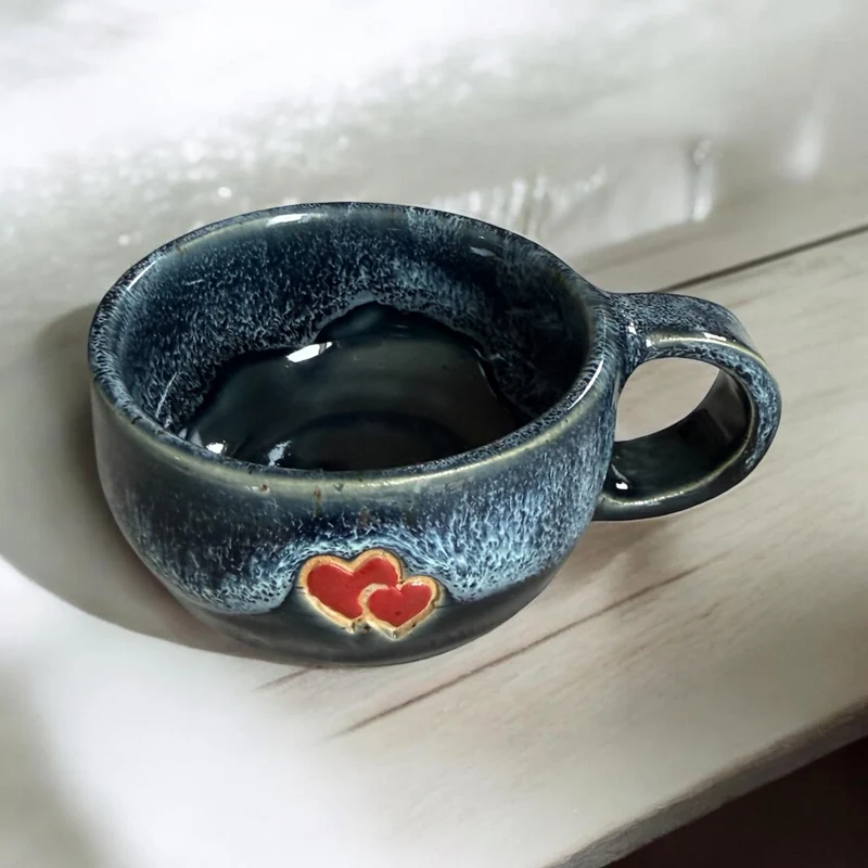 Blue Glazed Stoneware Mug with Hearts